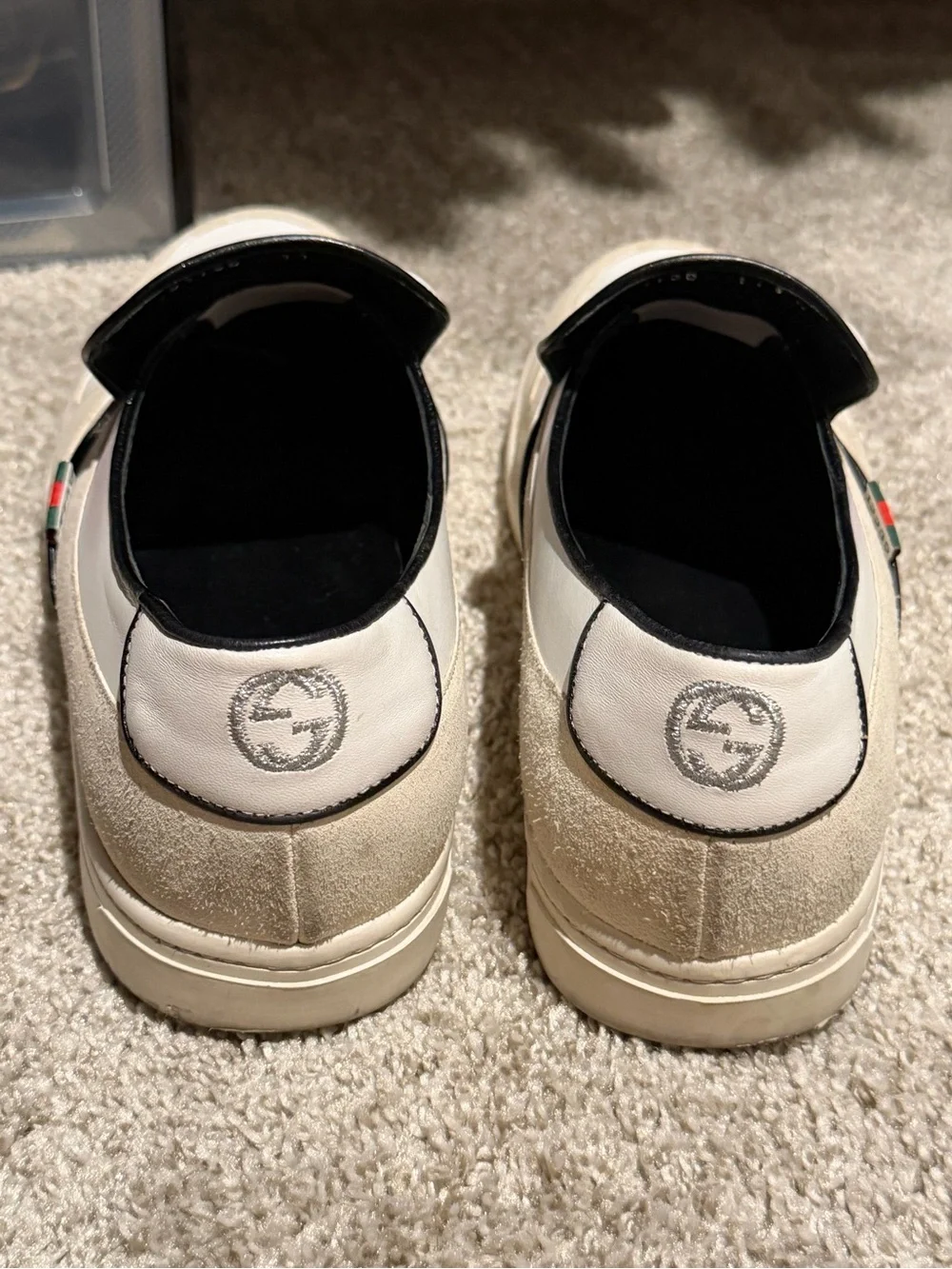 Gucci White Leather & Beige Suede Logo Slip-On Loafers